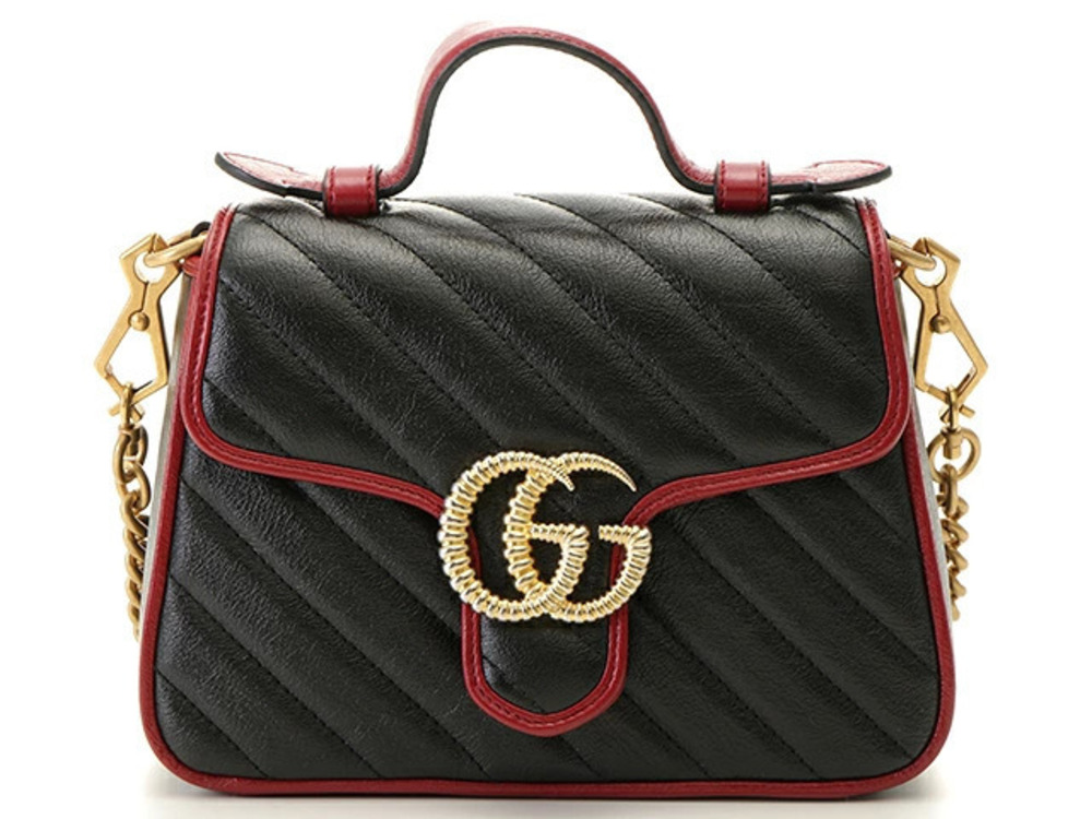 Gucci GG Marmont Top Handle Bag Leather Black Red Chain Shoulder